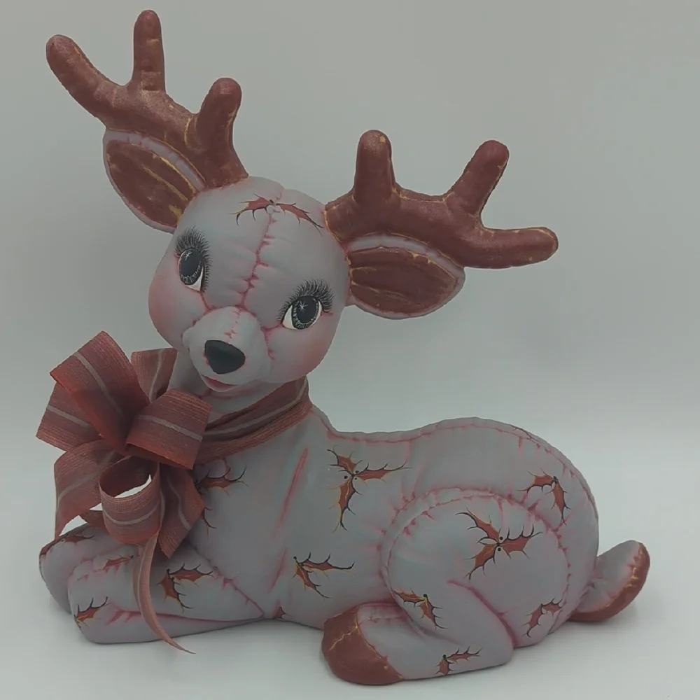 Vintage Ceramic Mold Reindeer Christmas  Handpainted Bow Purple Brown Quilted